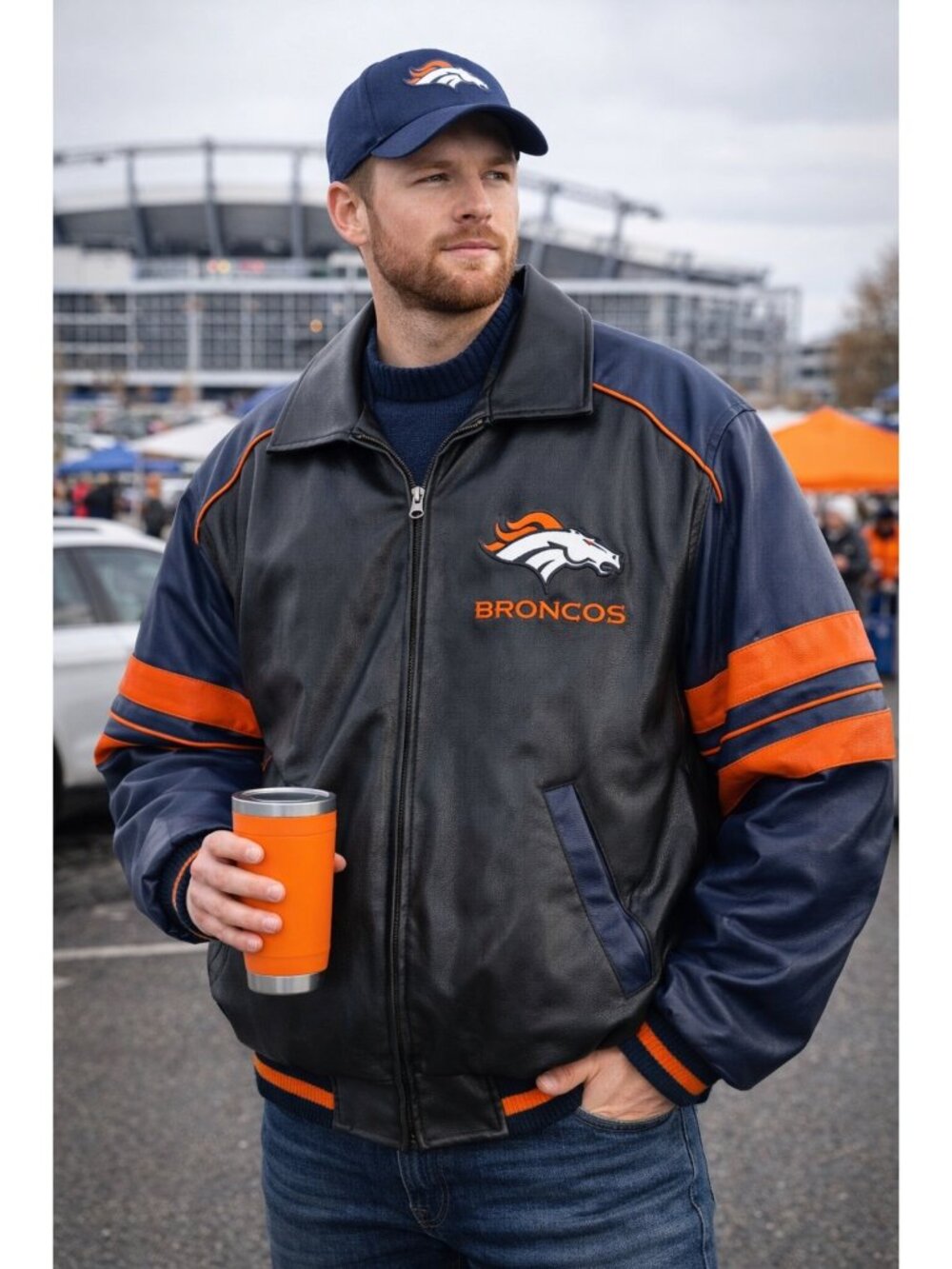 Denver Broncos NFL Faux Leather Jacket M Embroider Insulated Cold Weather Zip